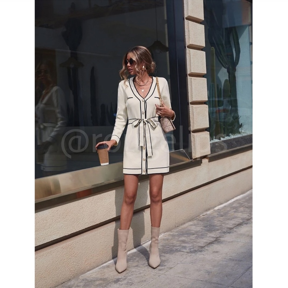 Beige Knit Belted Dress Long Sleeve, Button Through Contrast Black Piping Trim - Picture 2 of 11